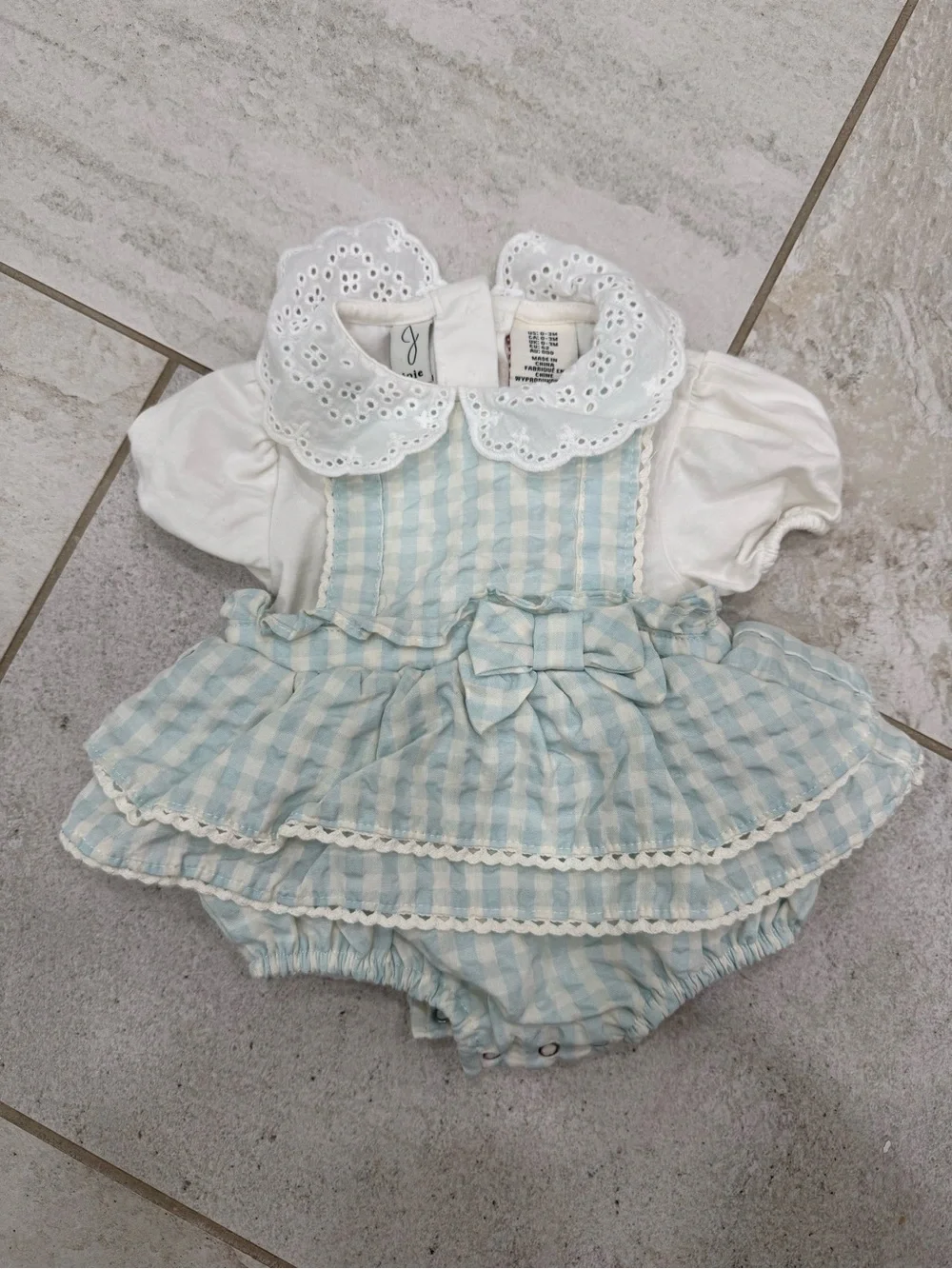 Joie Baby Blue Gingham Dress Romper with White Eyelet Collar